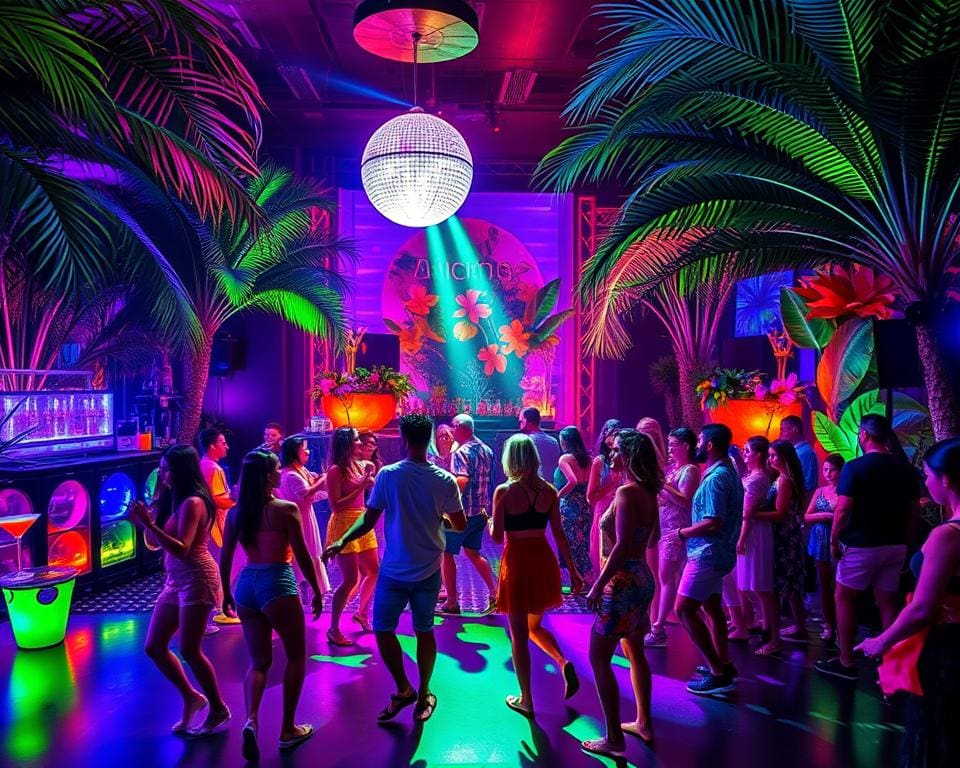 Discotheekfeest met een exotisch thema en tropische sferen