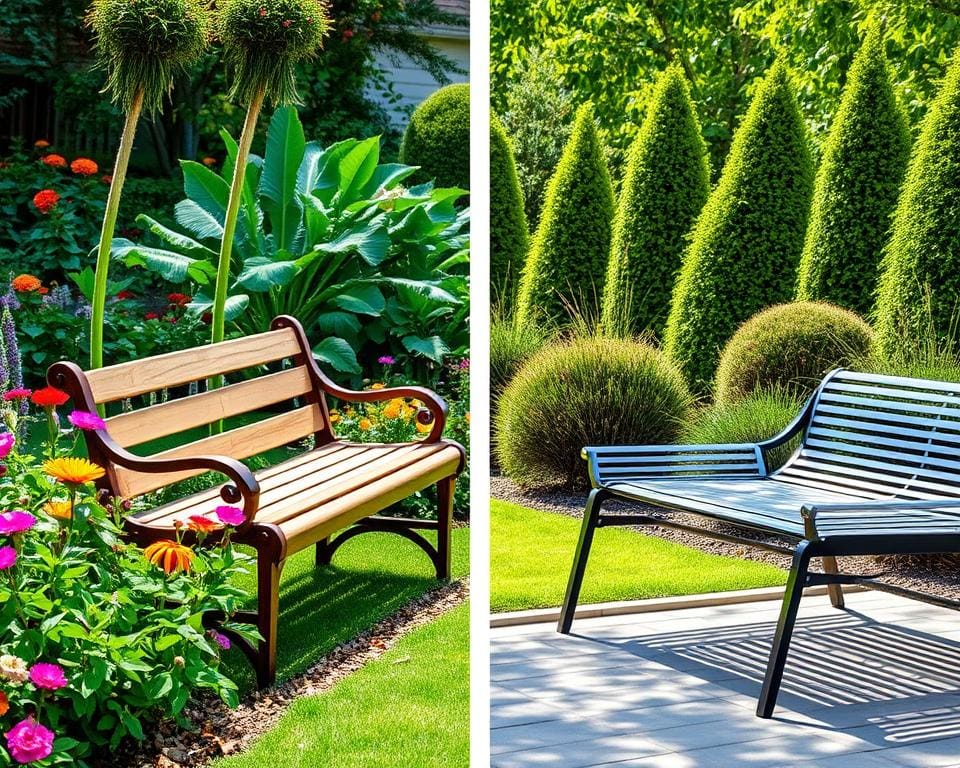 houten tuinbanken en metalen tuinbanken