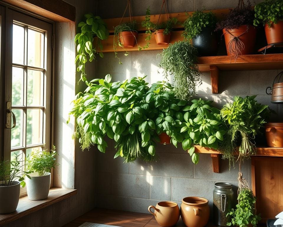 Hangende kruidenrekken voor een groene keukenmuur