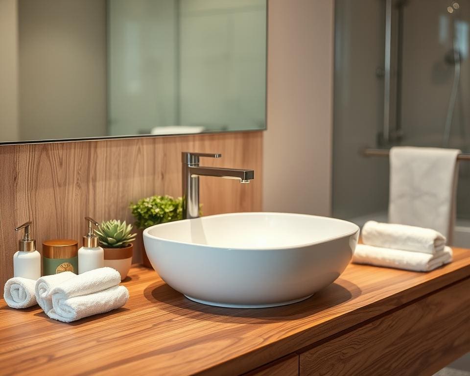 Wat maakt een waskom op een houten blad zo stijlvol?