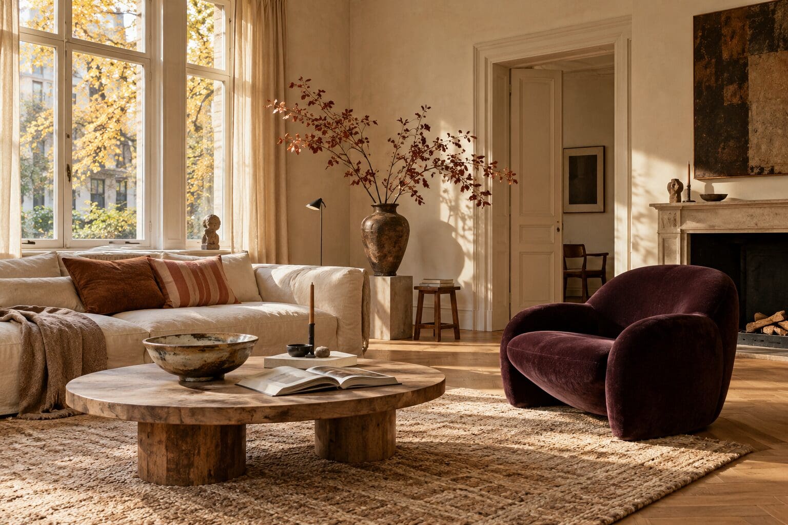 Warme woonkamer met linnen bank, houten tafel en aubergine fauteuil